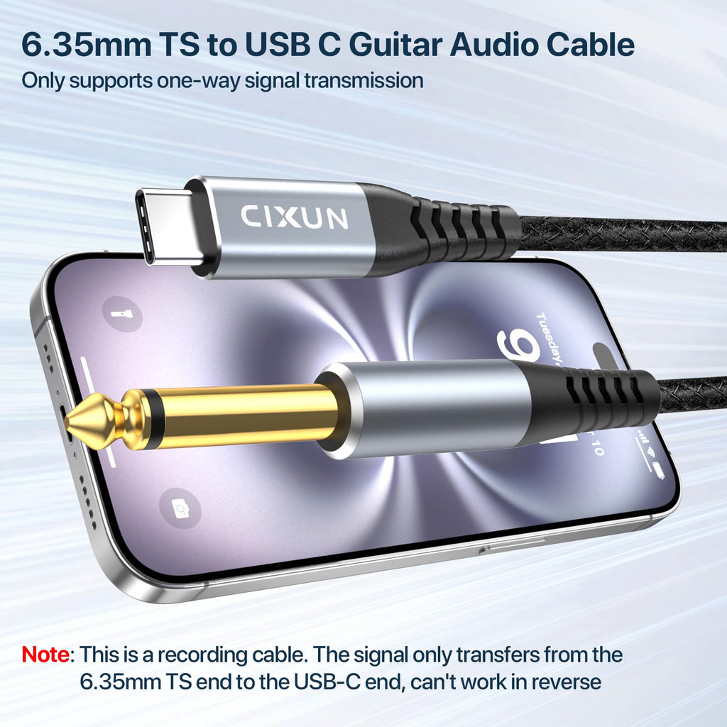 USB Guitar Cable 9.8F, Guitar 1/4 Inch TS to Computer USB C Interface Cable Adapter for Instruments Recording Singing, 32Bit/384Khz Mono Braided Shielding Cable Compatible with USBC Ports