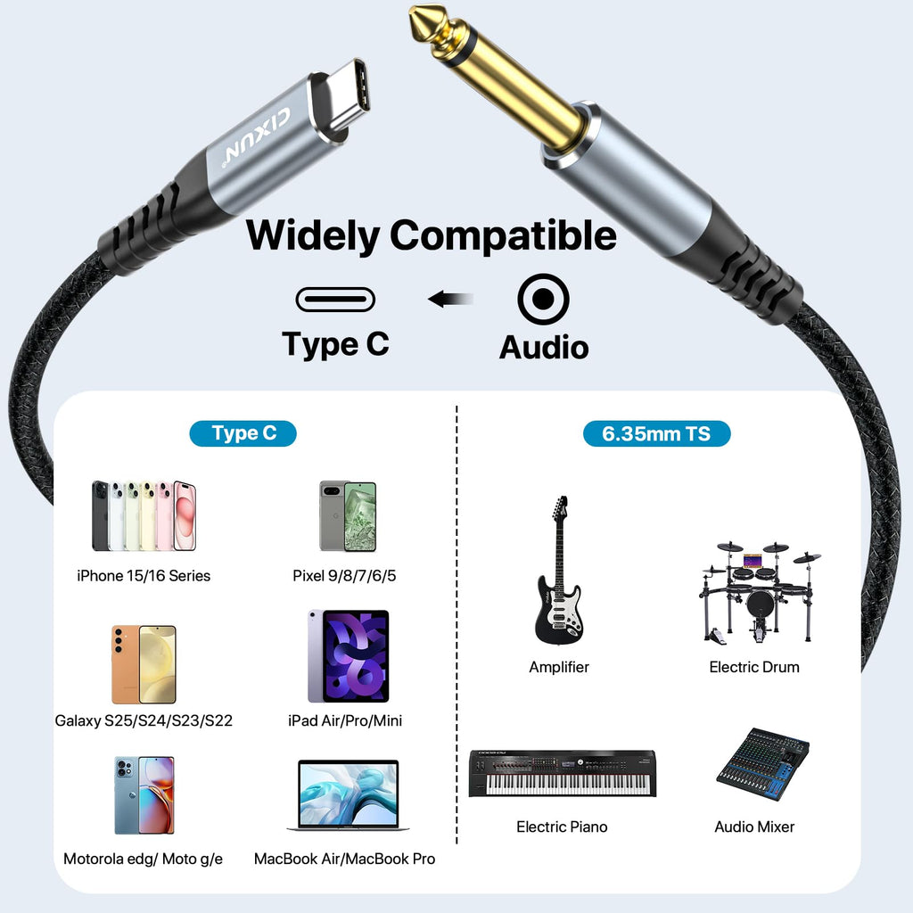 USB Guitar Cable 9.8F, Guitar 1/4 Inch TS to Computer USB C Interface Cable Adapter for Instruments Recording Singing, 32Bit/384Khz Mono Braided Shielding Cable Compatible with USBC Ports