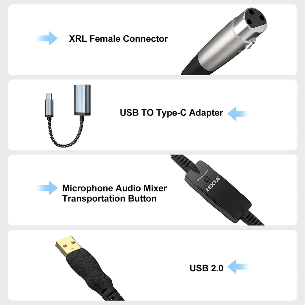 XLR to USB Cable, EBXYA 10 ft USB to XLR Microphone Cable 3 Pin XLR Female Cables Adapter with USB to Type-C Adapter Cord for Audio Recording Karaoke Live Podcast